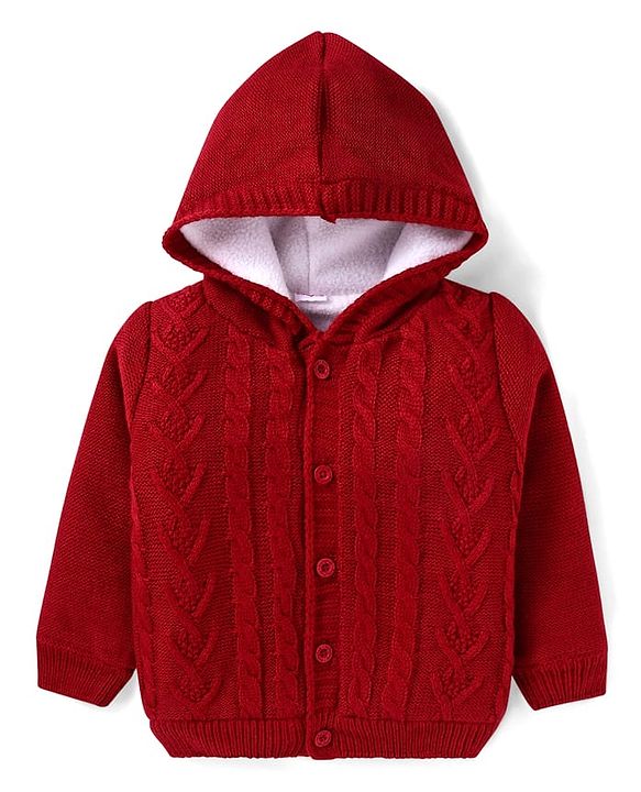 Babyhug Knitted Full Sleeves Front Open Solid Colour Hooded Sweater - Red