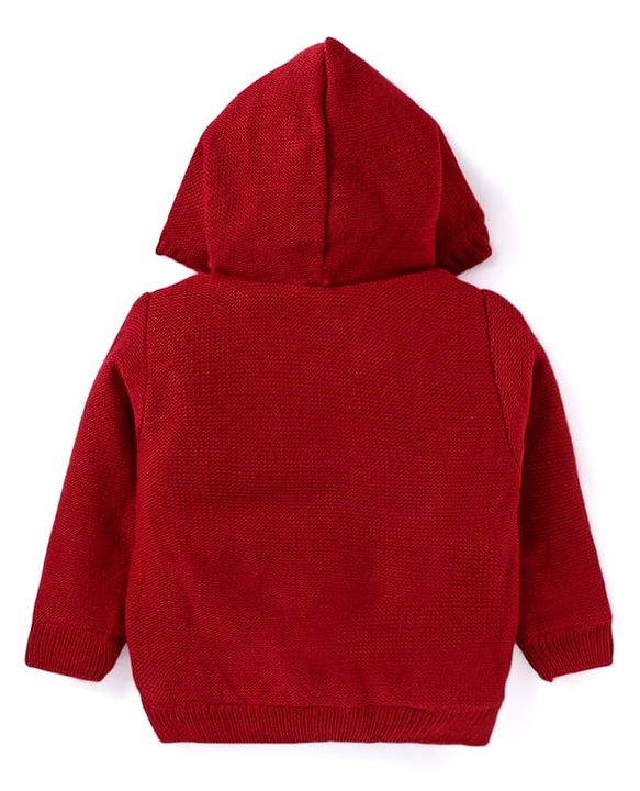Babyhug Knitted Full Sleeves Front Open Solid Colour Hooded Sweater - Red