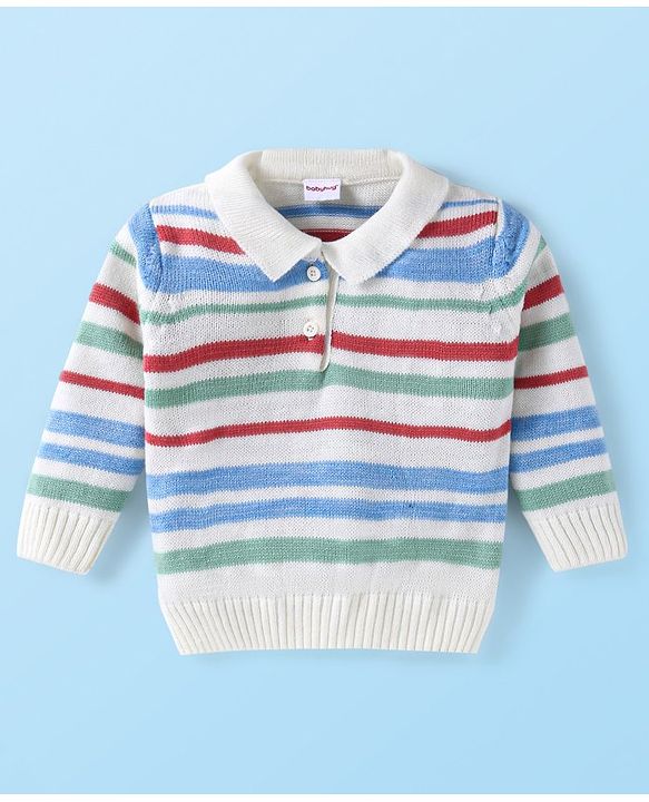 Babyhug Knitted Full Sleeves Striped Collared Pullover Sweater - Off White