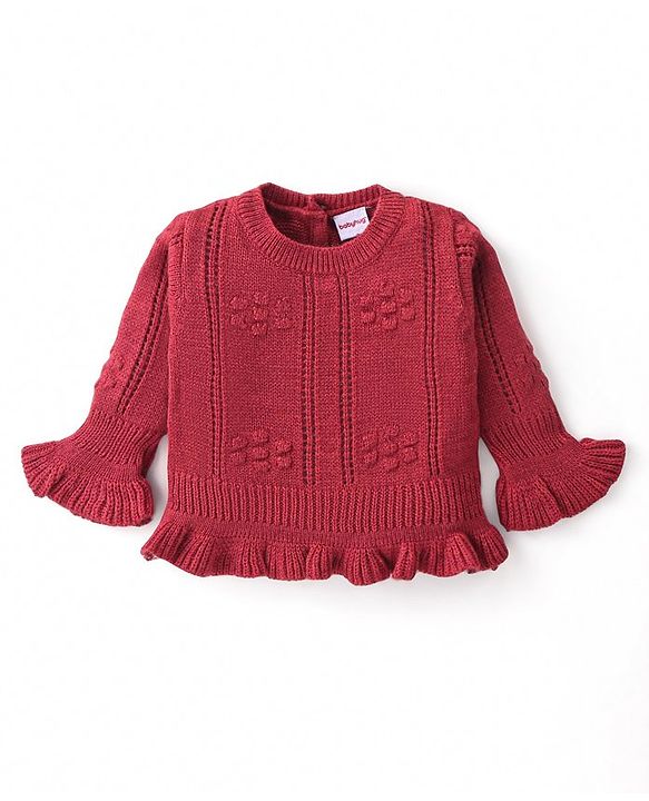 Babyhug Knitted Full Bell Sleeves Pullover Sweater with Floral Design - Rust