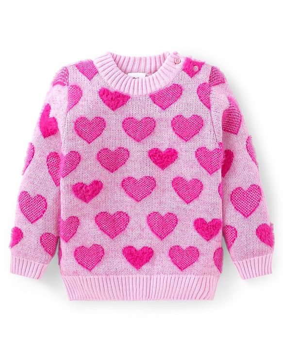 Babyhug Knitted Full Sleeves Pullover Sweater with Hearts Design - Pink