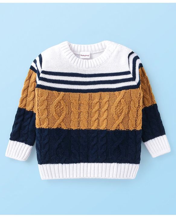 Babyhug Knitted Full Sleeves Pullover Sweater with Cable Knit & Striped Design - White Brown & Black