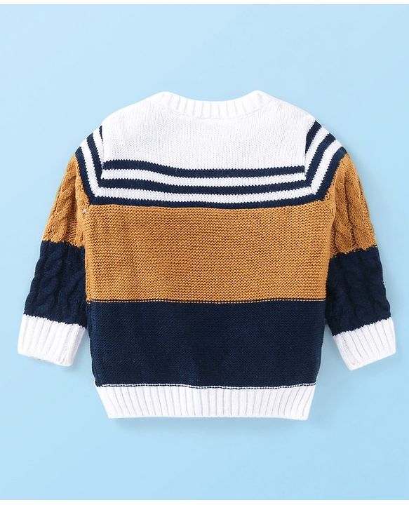 Babyhug Knitted Full Sleeves Pullover Sweater with Cable Knit & Striped Design - White Brown & Black