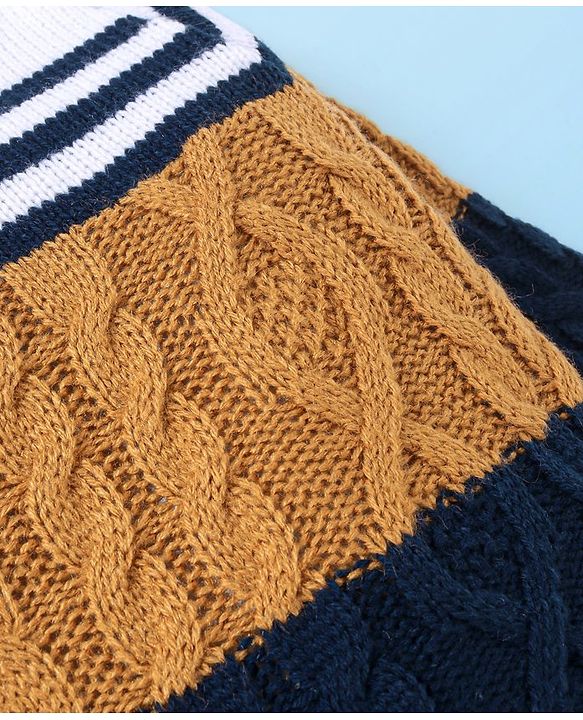 Babyhug Knitted Full Sleeves Pullover Sweater with Cable Knit & Striped Design - White Brown & Black