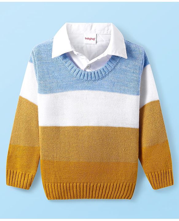 Babyhug Knitted Full Sleeves Collared Colour Block Pullover Sweater - Mustard Blue & White