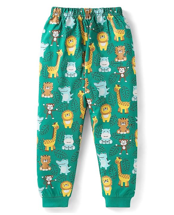 Babyhug Cotton Knit Full Sleeves Night Suit with Wild Animal Print - Sea Green