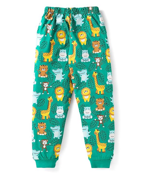 Babyhug Cotton Knit Full Sleeves Night Suit with Wild Animal Print - Sea Green