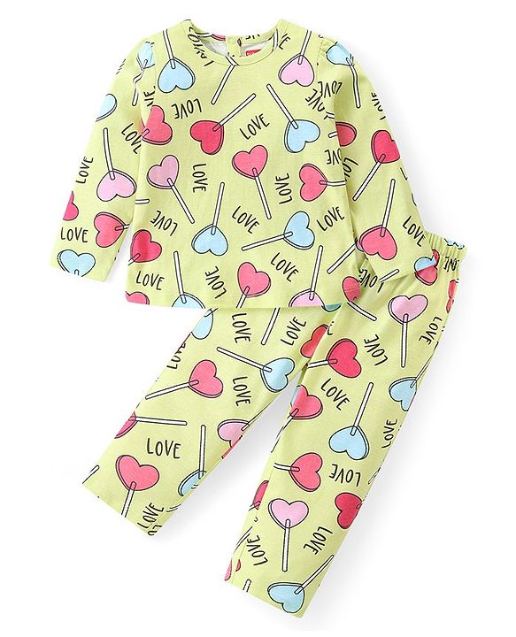 Babyhug Cotton Knit Full Sleeves Night Suit With Hearts Print - Green