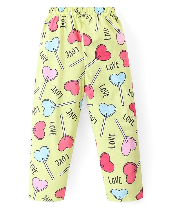 Babyhug Cotton Knit Full Sleeves Night Suit With Hearts Print - Green