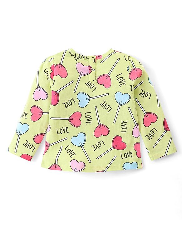 Babyhug Cotton Knit Full Sleeves Night Suit With Hearts Print - Green