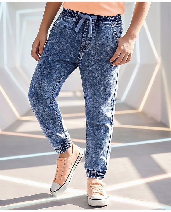 Pine Kids Cotton Rich Stretchable Full Length denim Joggers with Cloud Wash - Ice Blue