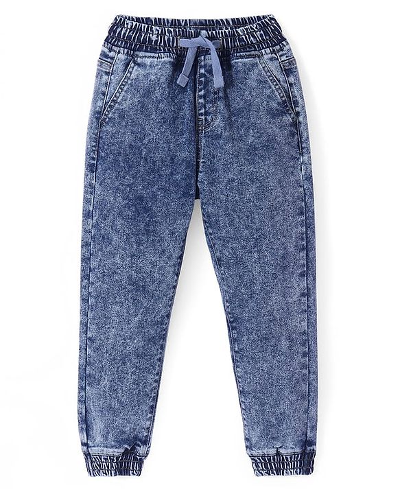 Pine Kids Cotton Rich Stretchable Full Length denim Joggers with Cloud Wash - Ice Blue