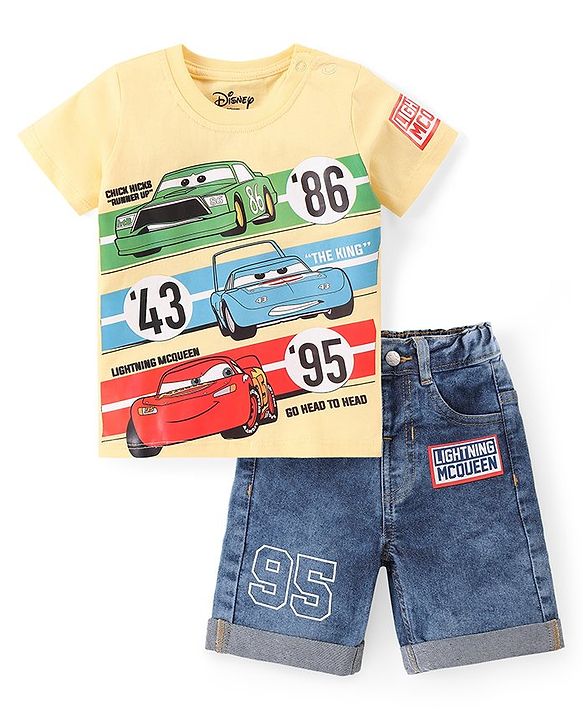 Babyhug Disney Cotton Knit Half Sleeves T-Shirt & Denim Shorts Set With Cars Graphics - Yellow & Blue