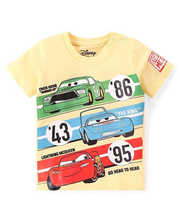 Babyhug Disney Cotton Knit Half Sleeves T-Shirt & Denim Shorts Set With Cars Graphics - Yellow & Blue