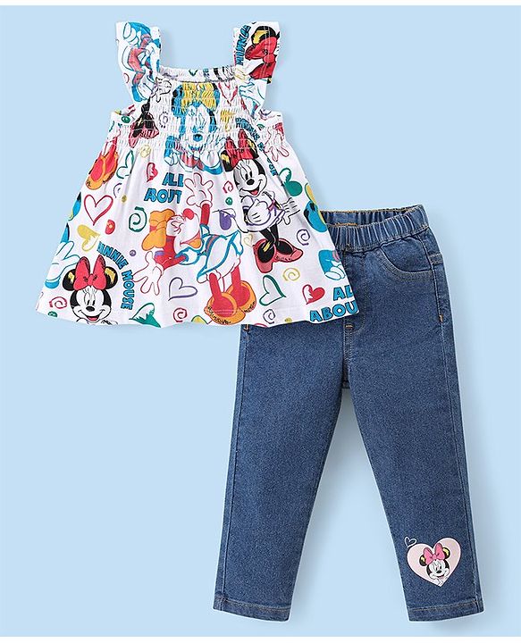 Babyhug Disney Cotton Knit Sleeveless Top & Denim Pants Set With Minnie Mouse Graphics - Multicolor