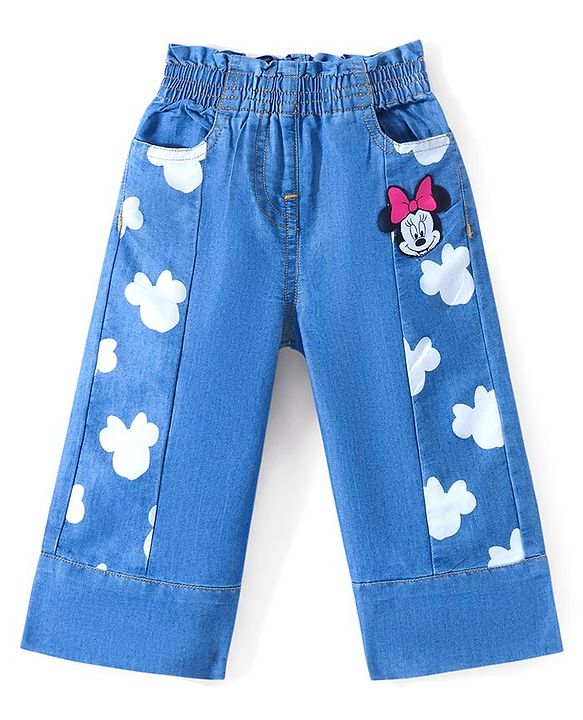 Babyhug Disney Cotton Knit Full Length  Denim Jeans with Minnie Mouse Print - Blue