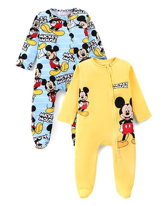 Babyhug Disney Single Jersey Knit Full Sleeves Sleep Suits With Mickey Mouse Graphics Pack Of 2 - Yellow & Blue
