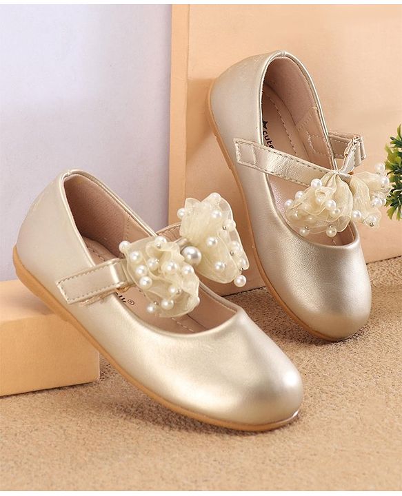 Cute Walk by Babyhug Slip On Ballerinas with Velcro Closure & Bow Applique - Gold