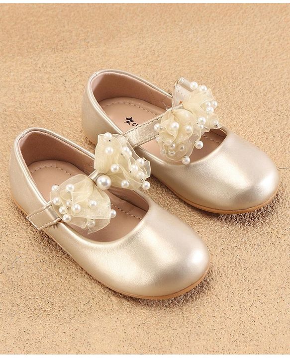 Cute Walk by Babyhug Slip On Ballerinas with Velcro Closure & Bow Applique - Gold