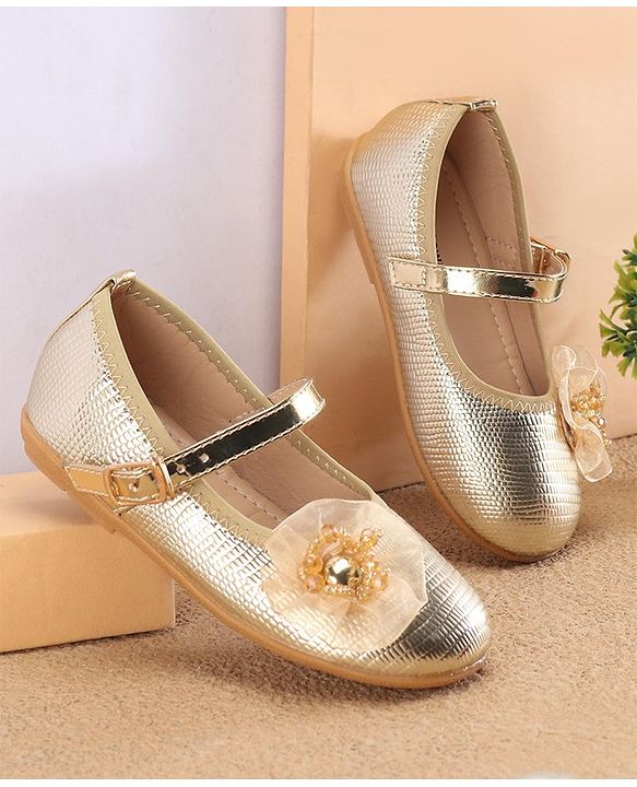 Cute Walk By Babyhug Ballerinas With Buckle Closure & Floral Applique - Golden