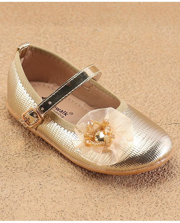 Cute Walk By Babyhug Ballerinas With Buckle Closure & Floral Applique - Golden