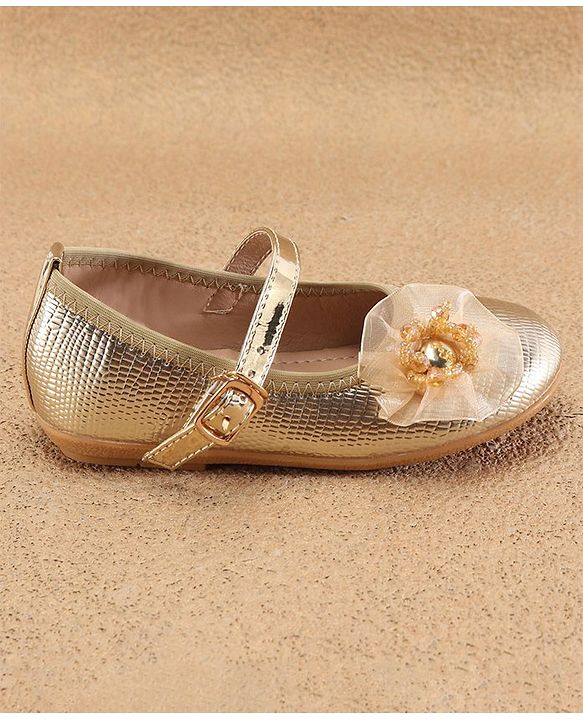 Cute Walk By Babyhug Ballerinas With Buckle Closure & Floral Applique - Golden