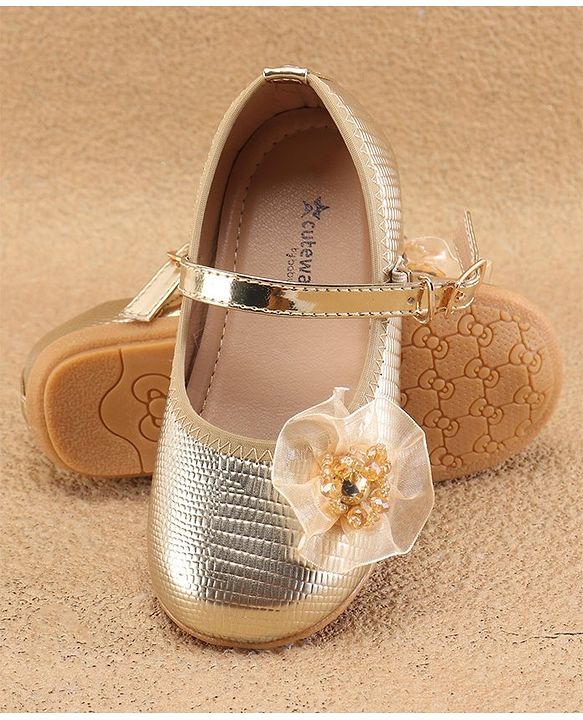 Cute Walk By Babyhug Ballerinas With Buckle Closure & Floral Applique - Golden