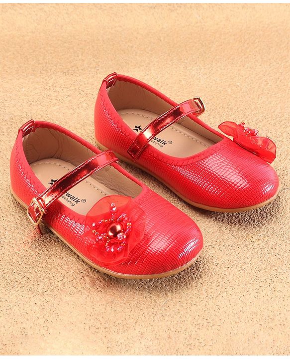 Cute Walk By Babyhug Ballerinas With Buckle Closure & Floral Applique - Red