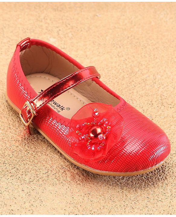 Cute Walk By Babyhug Ballerinas With Buckle Closure & Floral Applique - Red