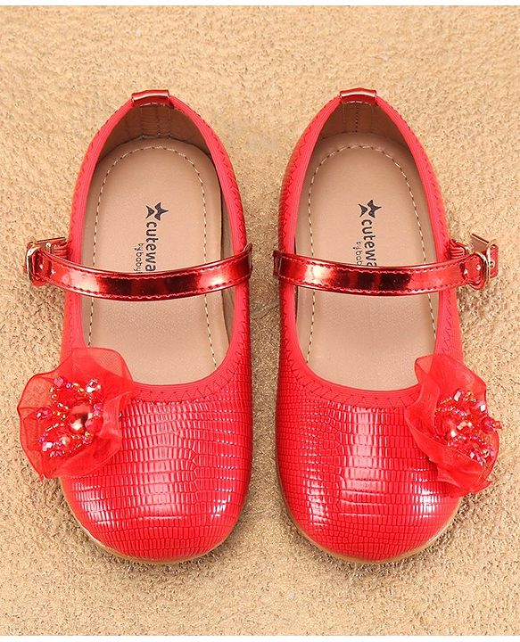 Cute Walk By Babyhug Ballerinas With Buckle Closure & Floral Applique - Red