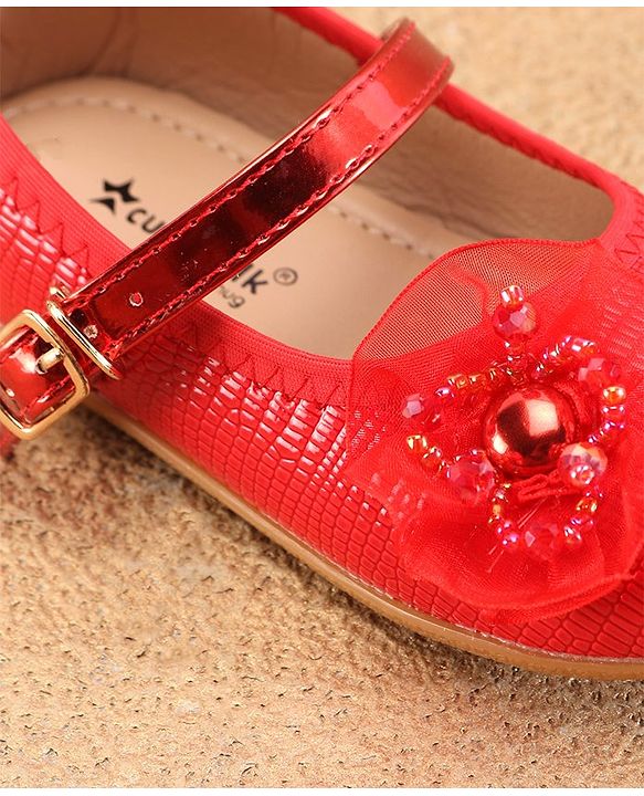 Cute Walk By Babyhug Ballerinas With Buckle Closure & Floral Applique - Red