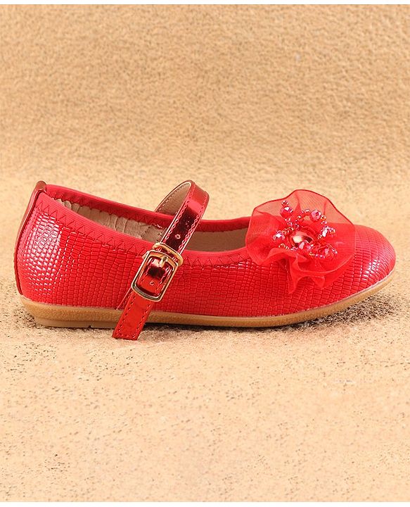 Cute Walk By Babyhug Ballerinas With Buckle Closure & Floral Applique - Red