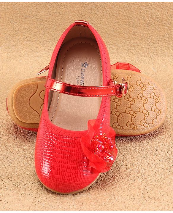 Cute Walk By Babyhug Ballerinas With Buckle Closure & Floral Applique - Red