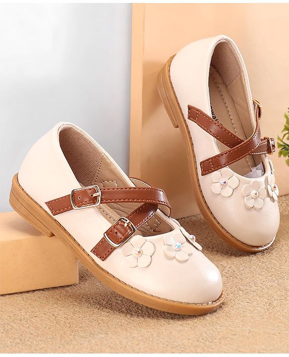 Cute Walk by Babyhug Ballerinas with Velcro Closure Floral Applique - Beige