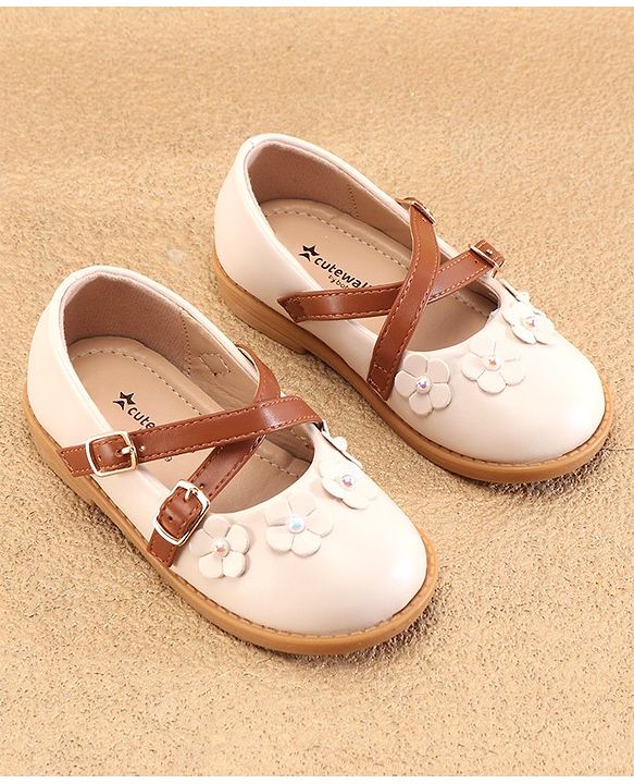 Cute Walk by Babyhug Ballerinas with Velcro Closure Floral Applique - Beige