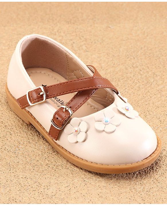 Cute Walk by Babyhug Ballerinas with Velcro Closure Floral Applique - Beige