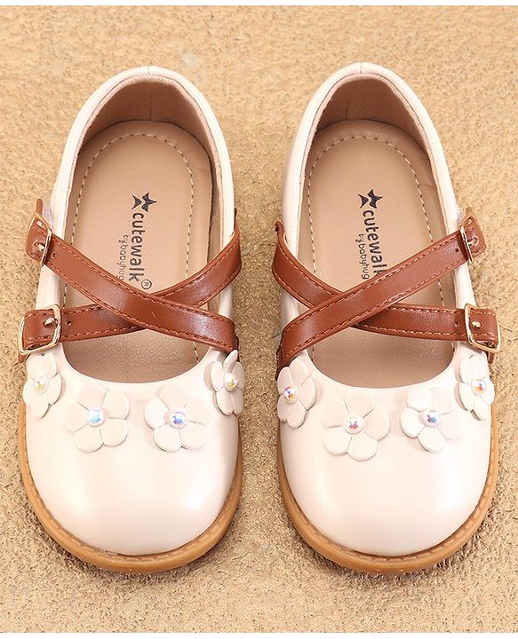 Cute Walk by Babyhug Ballerinas with Velcro Closure Floral Applique - Beige