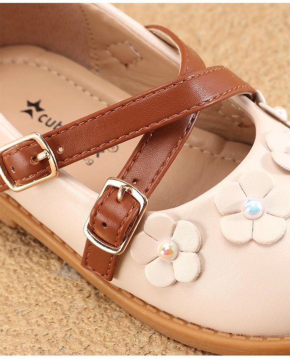 Cute Walk by Babyhug Ballerinas with Velcro Closure Floral Applique - Beige