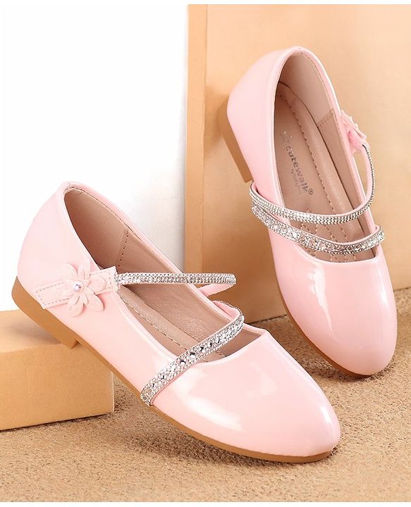 Cute Walk by Babyhug Velcro Closure Ballerinas with Floral & Beads Applique -Pink