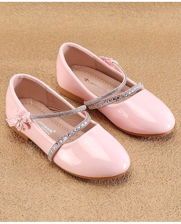 Cute Walk by Babyhug Velcro Closure Ballerinas with Floral & Beads Applique -Pink