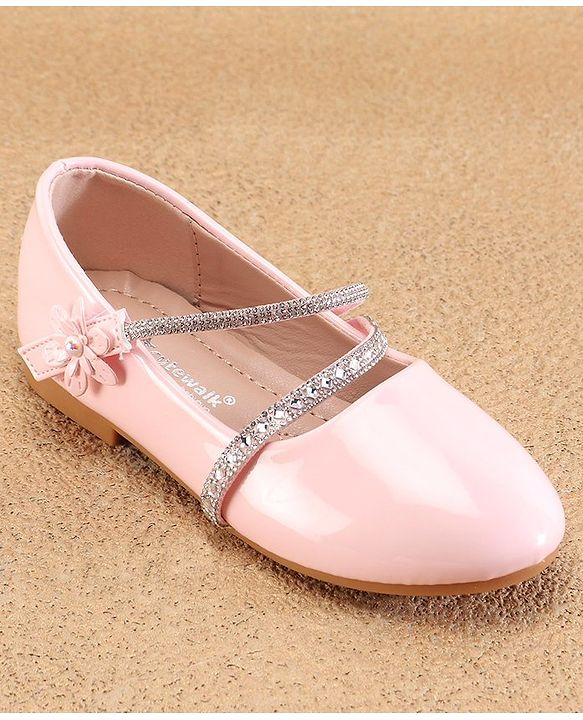 Cute Walk by Babyhug Velcro Closure Ballerinas with Floral & Beads Applique -Pink