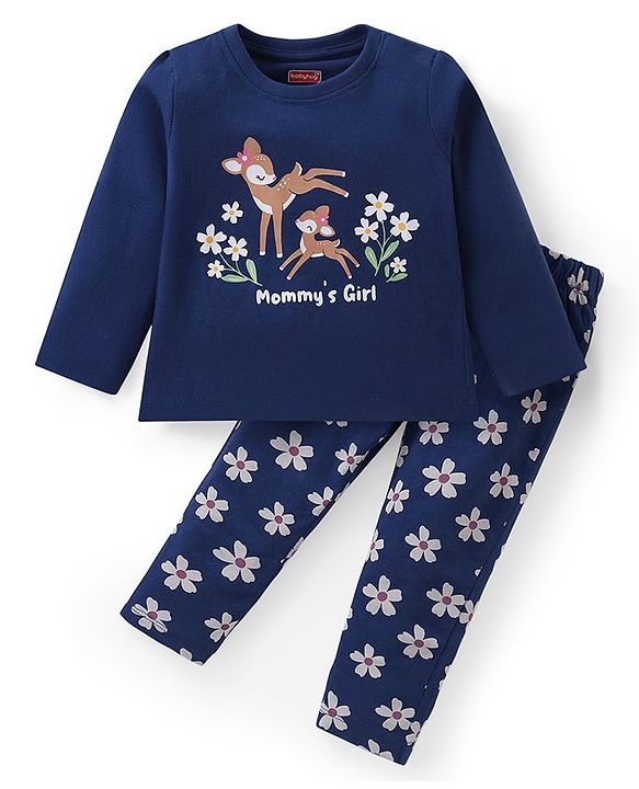 Babyhug Cotton Knit  Full Sleeves Deer & Floral Print Night Suit - Navy Blue