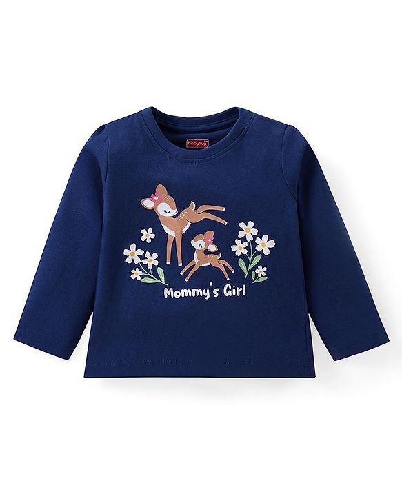 Babyhug Cotton Knit  Full Sleeves Deer & Floral Print Night Suit - Navy Blue