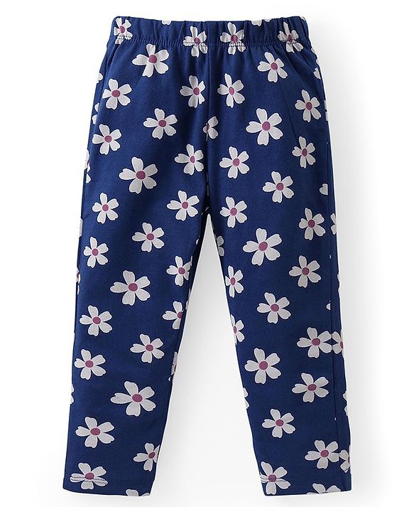 Babyhug Cotton Knit  Full Sleeves Deer & Floral Print Night Suit - Navy Blue