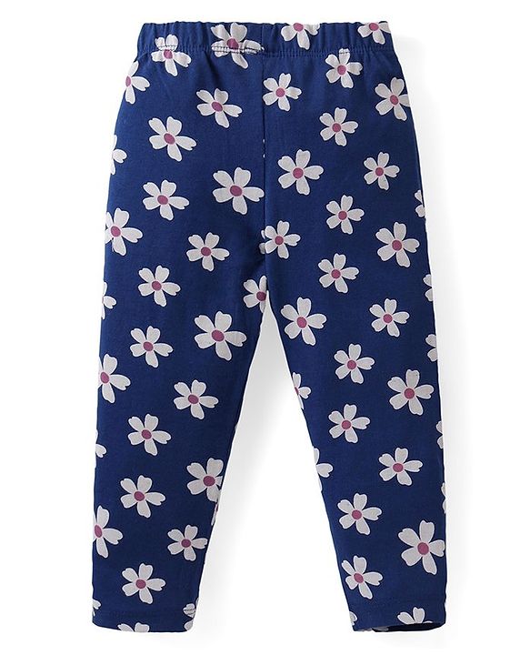 Babyhug Cotton Knit  Full Sleeves Deer & Floral Print Night Suit - Navy Blue