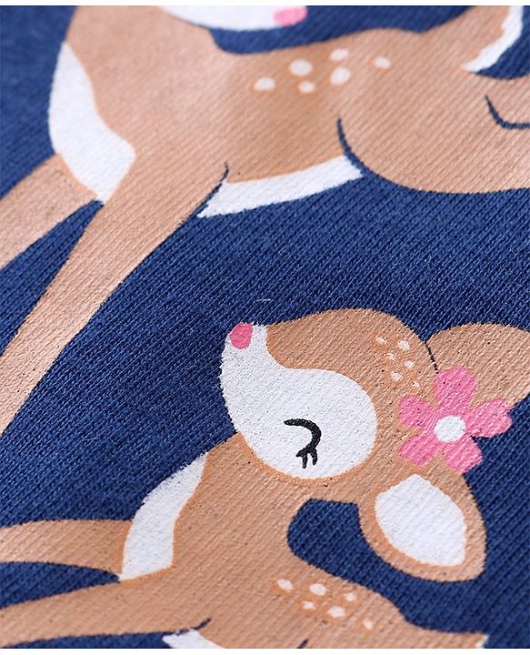 Babyhug Cotton Knit  Full Sleeves Deer & Floral Print Night Suit - Navy Blue