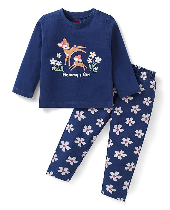 Babyhug Cotton Knit  Full Sleeves Deer & Floral Print Night Suit - Navy Blue