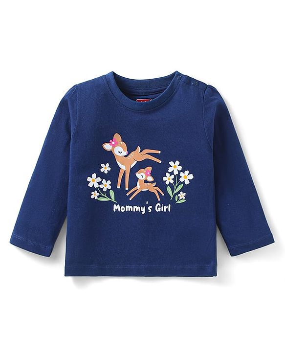 Babyhug Cotton Knit  Full Sleeves Deer & Floral Print Night Suit - Navy Blue