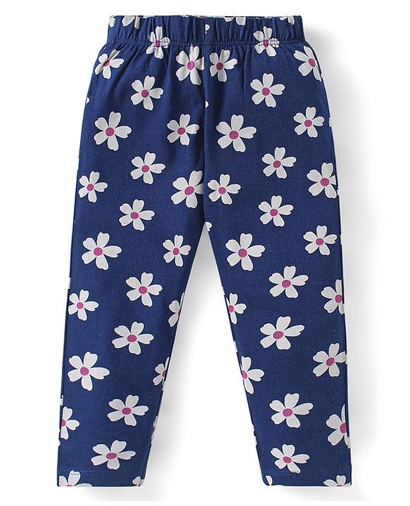 Babyhug Cotton Knit  Full Sleeves Deer & Floral Print Night Suit - Navy Blue