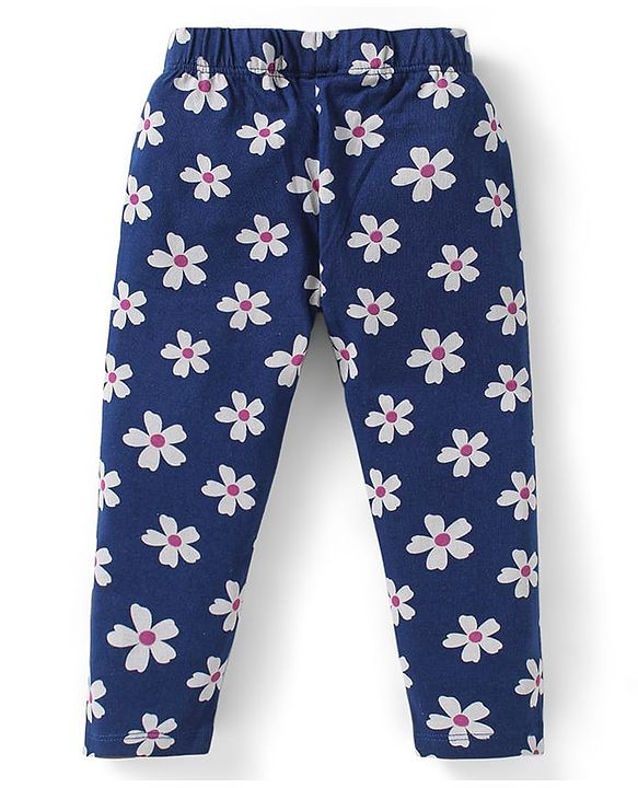 Babyhug Cotton Knit  Full Sleeves Deer & Floral Print Night Suit - Navy Blue